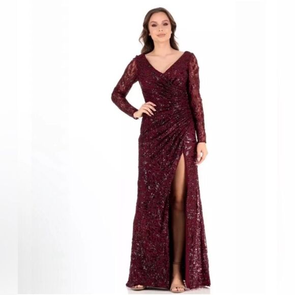 MAC DUGGAL Long Sleeve Sequined Lace Ruched Gown Garnet size 16 NWT - Picture 13 of 13